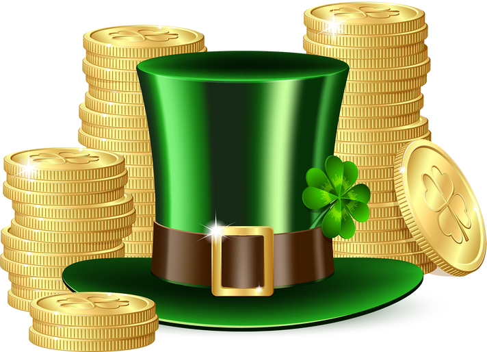 Patrick day card with gold coins and leprechaun hat